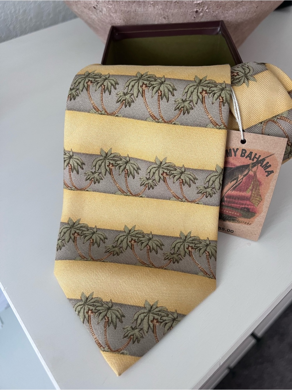 Tommy Bahama 100% Silk Palm Tree Striped Tie Yellow Gray NWT